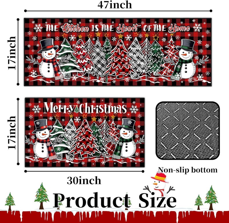 UYDOXCU Merry Christmas Kitchen Rugs and Mats Set of 2, Buffalo Plaid Winter Xmas Holiday Home Kitchen Decor Floor Mats, Washable Non-Slip Sink Carpet (Christmas 1, 17"x47"+17"x30") - Image 2